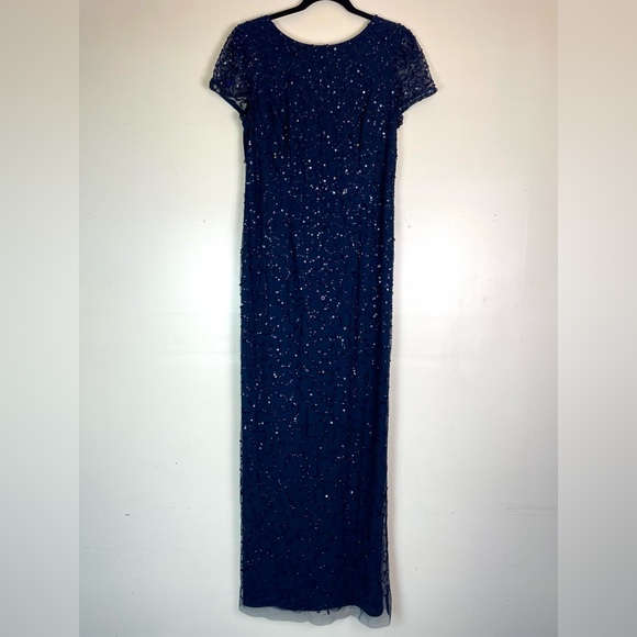 ADRIANNA PAPELL Womens Sequined Long Evening Dress Navy Size 12 | Short Sleeve - Picture 2 of 8